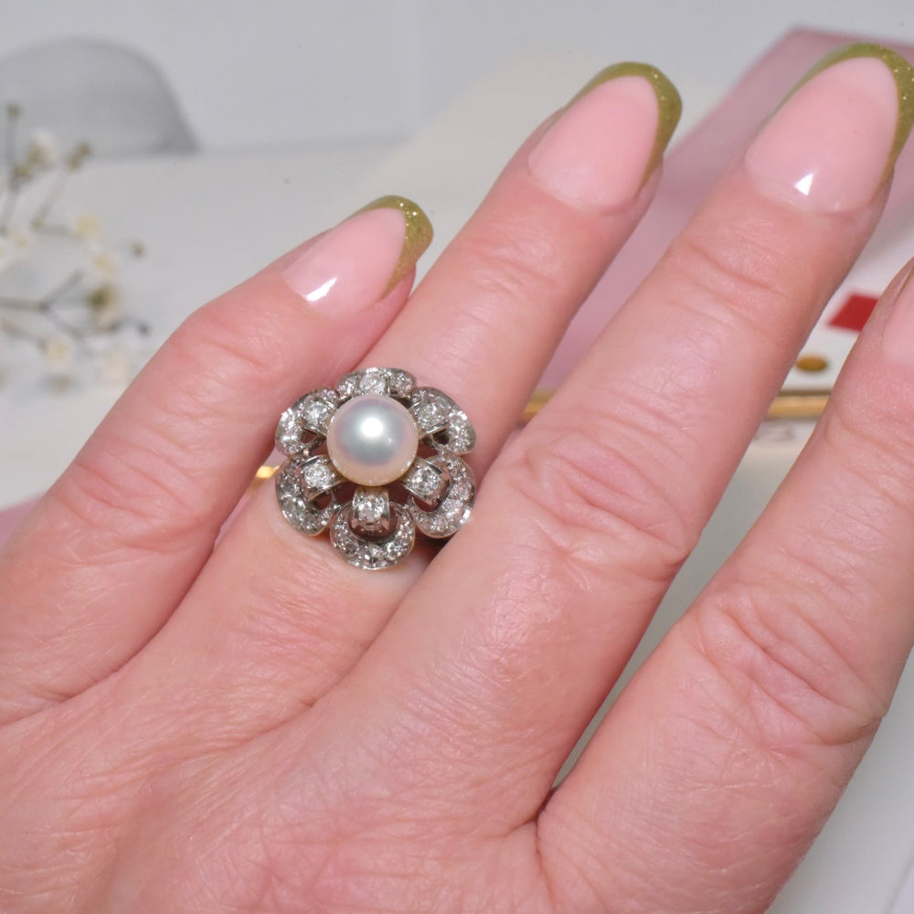 Superb Vintage Platinum And 14ct White Gold Diamond Pearl Cocktail Rin