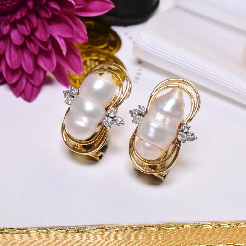 Estate 10ct Yellow Gold Baroque Pearl And Diamond Earrings - 9.2 Grams