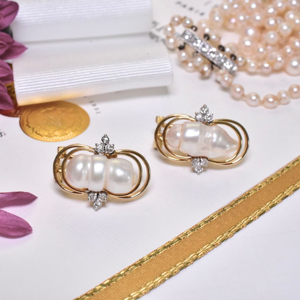 Estate 10ct Yellow Gold Baroque Pearl And Diamond Earrings - 9.2 Grams