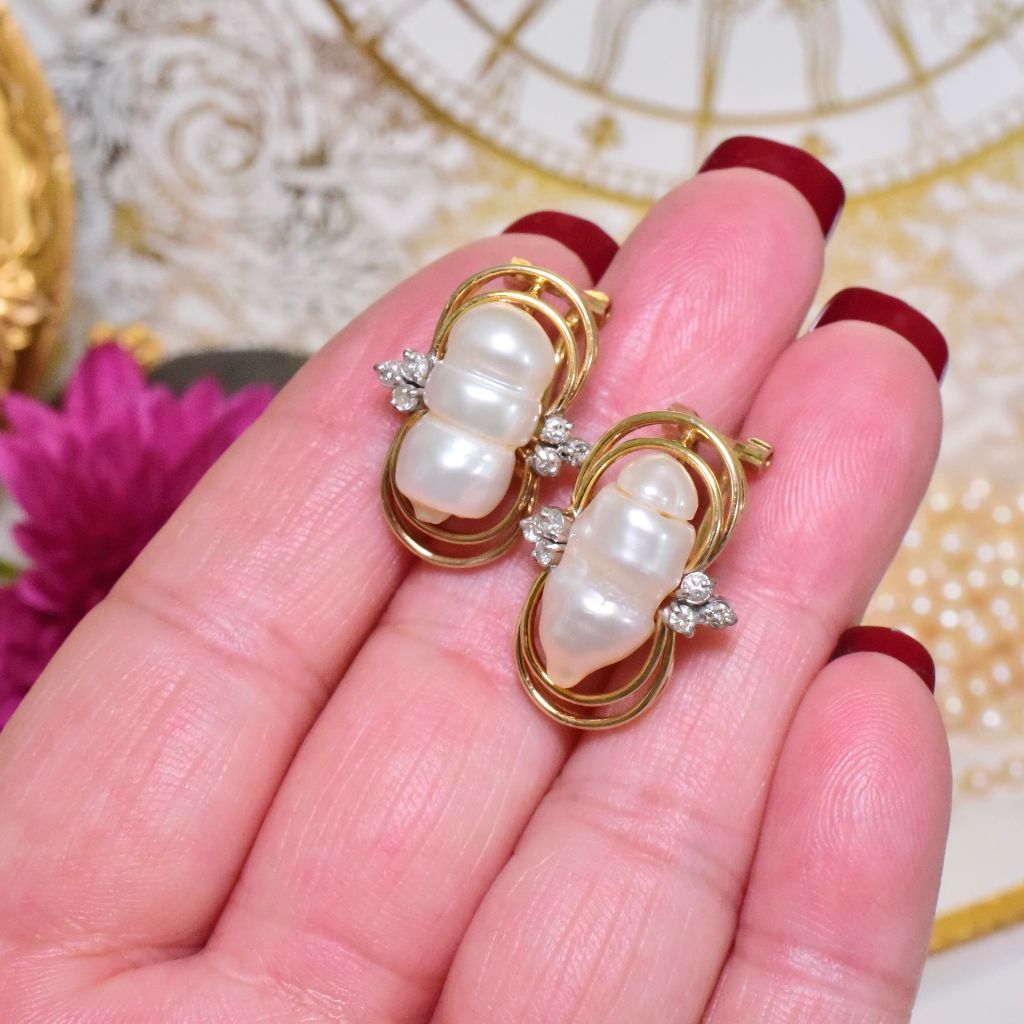 Estate 10ct Yellow Gold Baroque Pearl And Diamond Earrings - 9.2 Grams