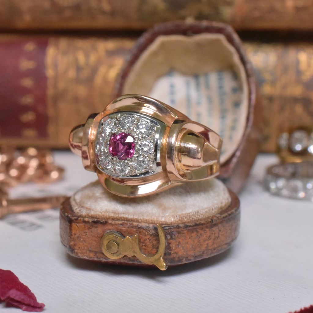 Vintage Retro French 18ct Rose Gold Diamond And Ruby Tank Ring Circa 1940’s