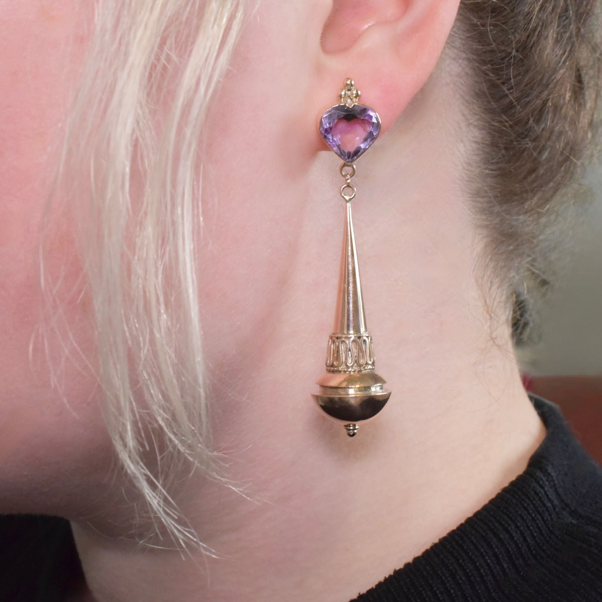 Superb Vintage 10ct Rose Gold Carved Heart Amethyst Long Drop Earrings Circa 1940’s