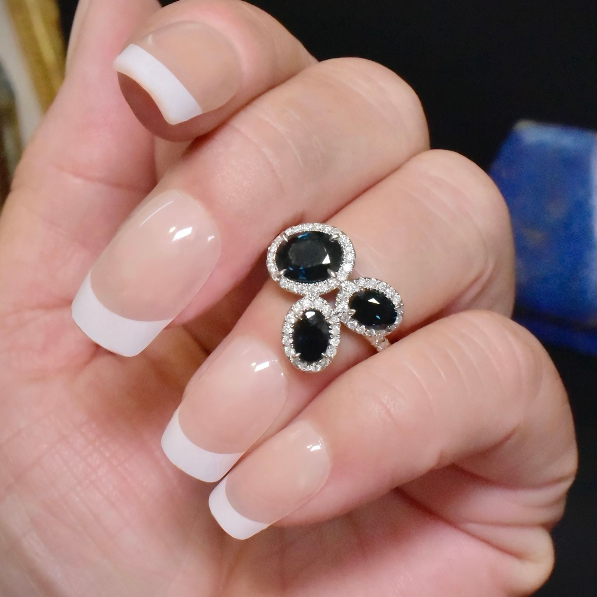 Contemporary 14ct White Gold Teal Blue/Green Sapphire (2.64ct) And Diamond (0.40ct) Ring