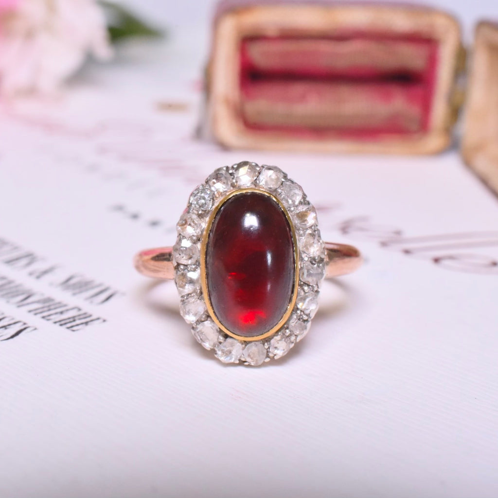 Antique Victorian 15ct Rose Gold Carbuncle Garnet And Rose-Cut Diamond Halo Ring Circa 1880-90