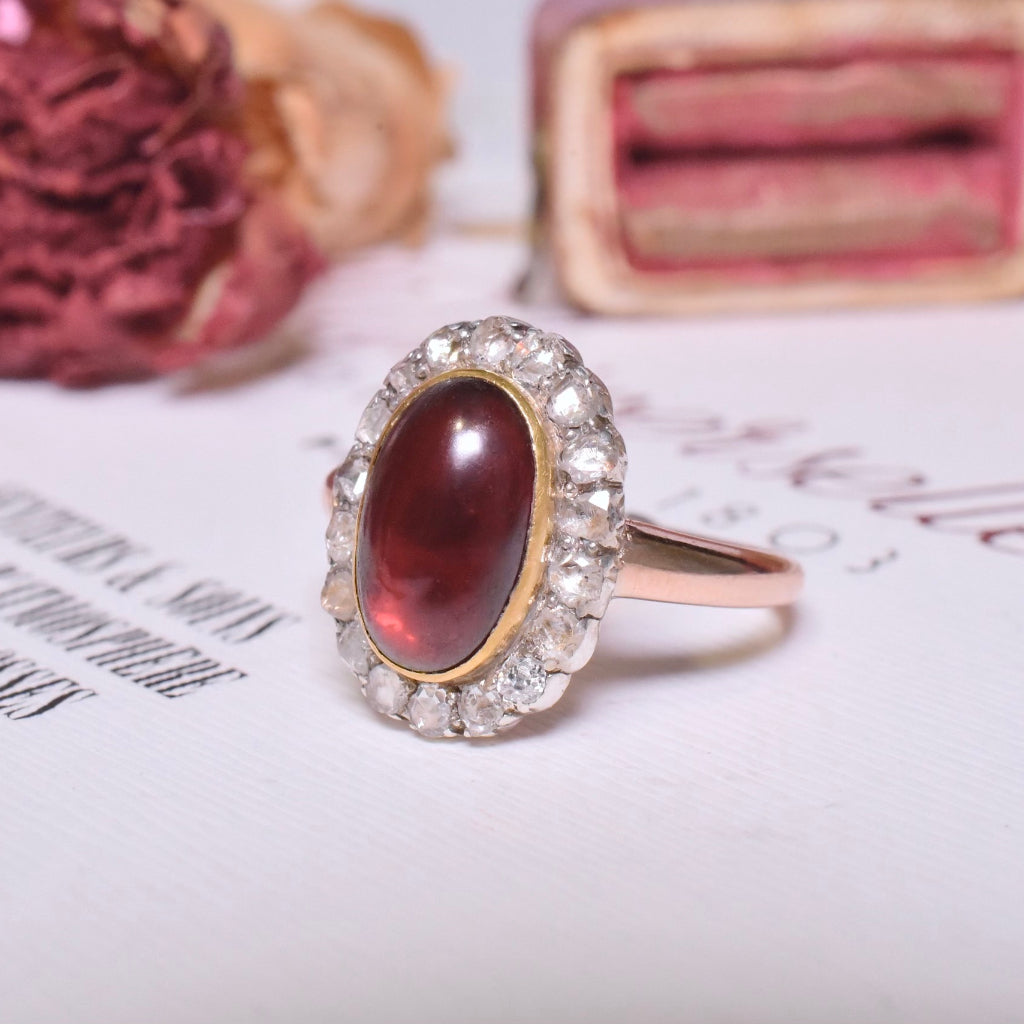 Antique Victorian 15ct Rose Gold Carbuncle Garnet And Rose-Cut Diamond Halo Ring Circa 1880-90