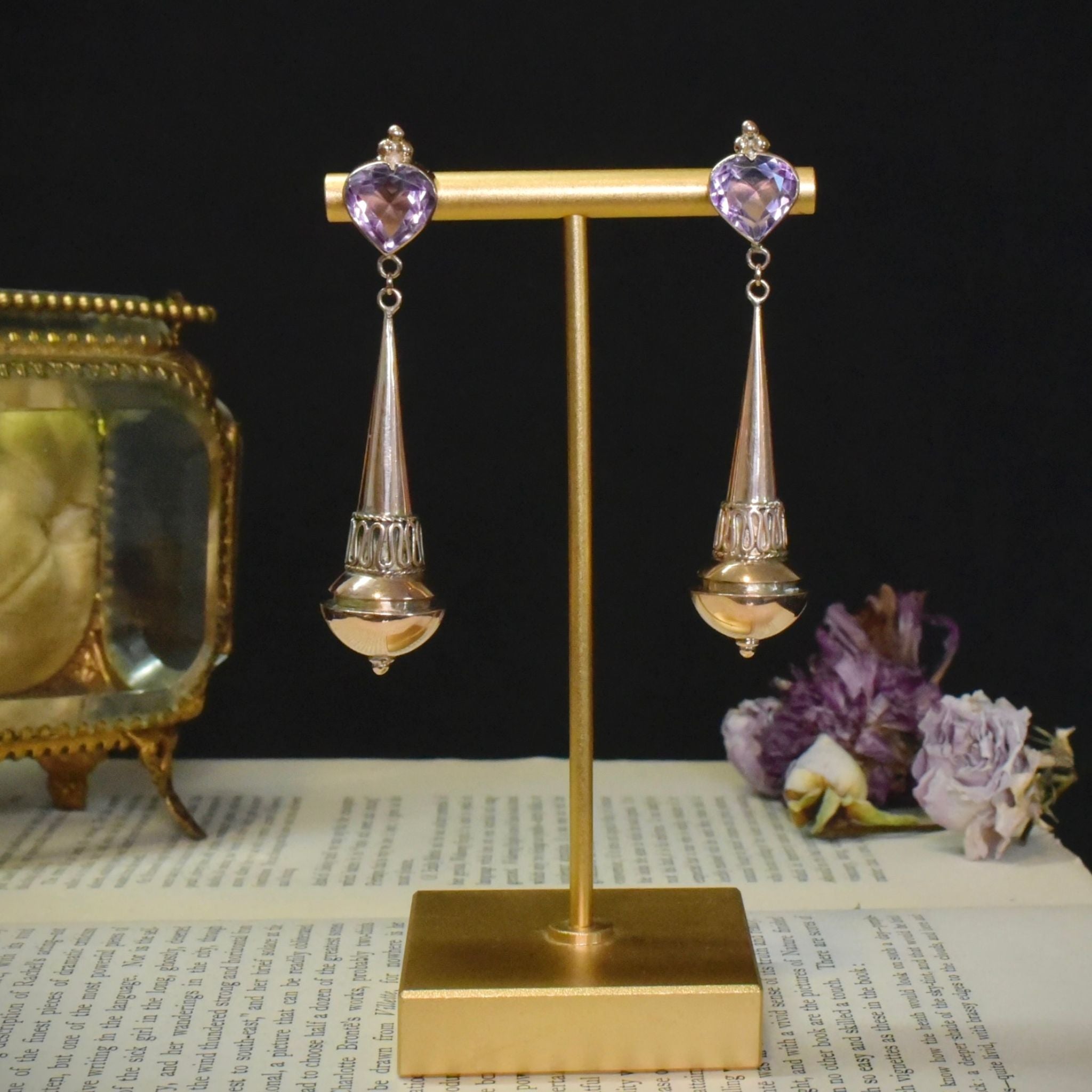 Superb Vintage 10ct Rose Gold Carved Heart Amethyst Long Drop Earrings Circa 1940’s
