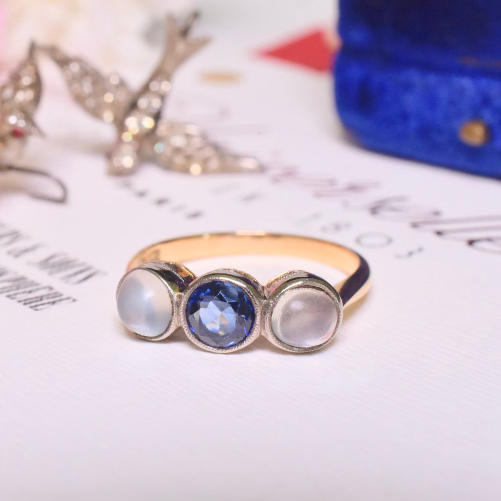 Antique Edwardian Era 18ct Yellow Gold Sapphire And Moonstone Trilogy Ring