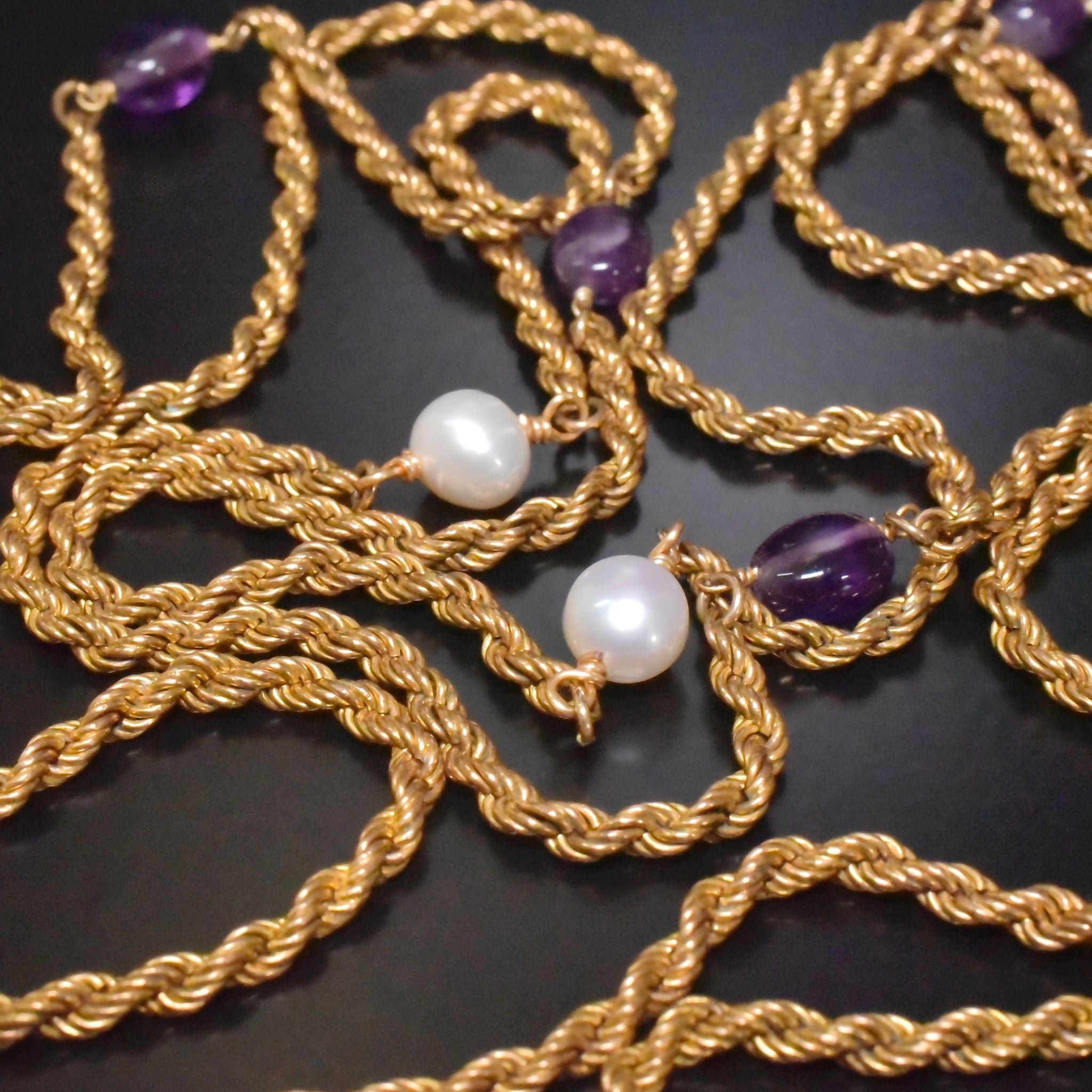 Antique/Vintage Art Deco Era ‘Rolled Gold’ Amethyst & Pearl Long Guard Chain