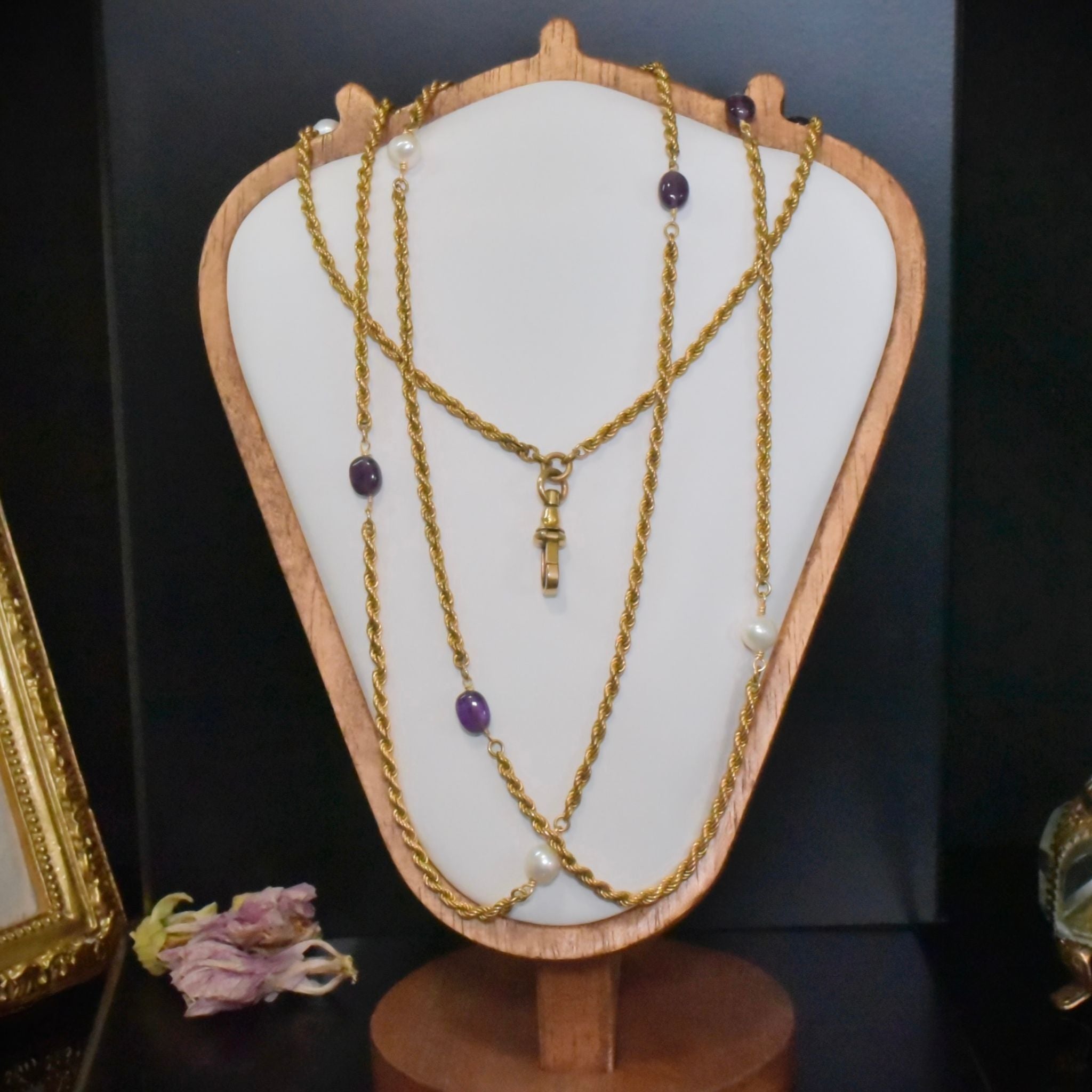 Antique/Vintage Art Deco Era ‘Rolled Gold’ Amethyst & Pearl Long Guard Chain