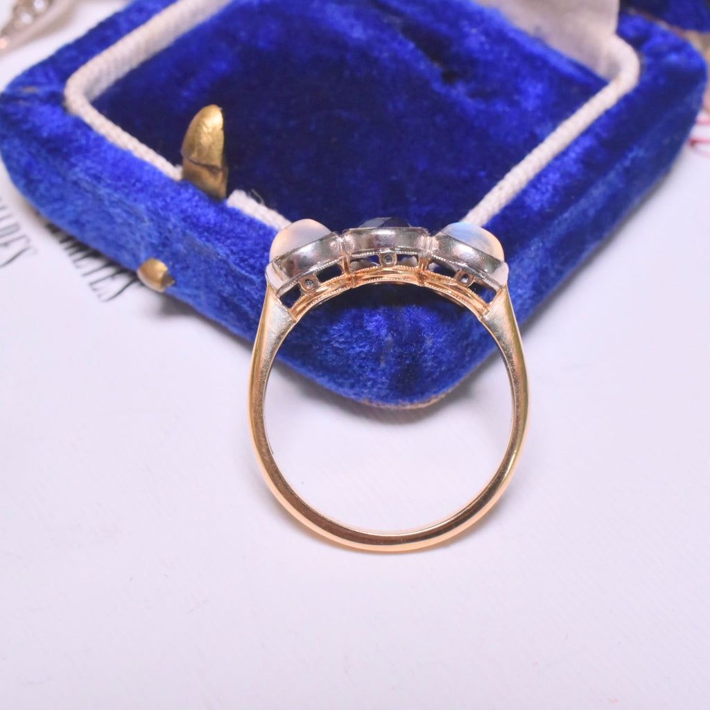 Antique Edwardian Era 18ct Yellow Gold Sapphire And Moonstone Trilogy Ring