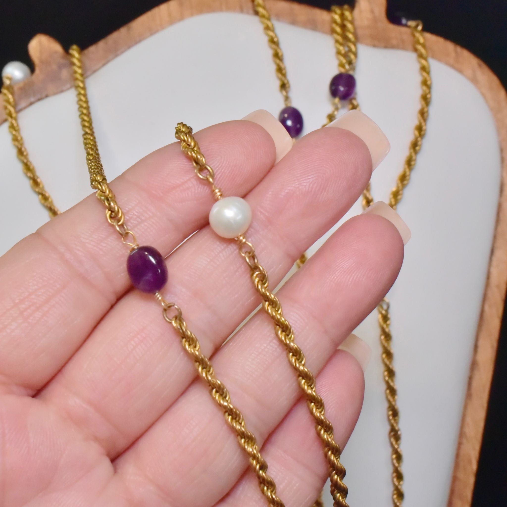 Antique/Vintage Art Deco Era ‘Rolled Gold’ Amethyst & Pearl Long Guard Chain
