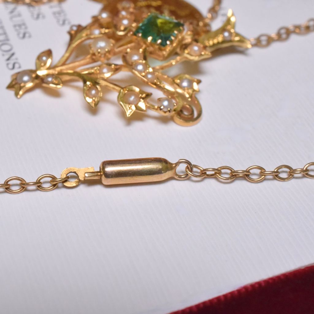 Antique Australian 15ct Yellow Gold Peridot And Seed Pearl Pendant Necklace Circa 1900-1910