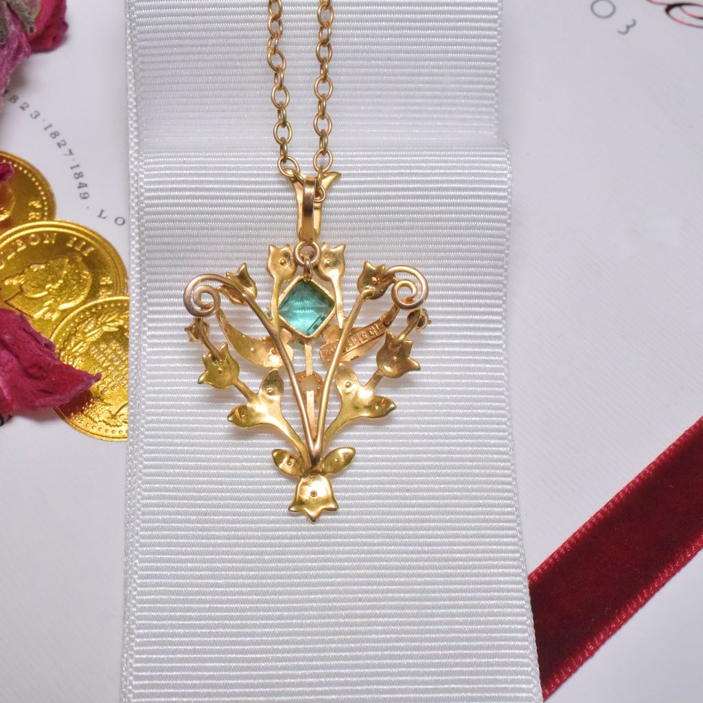 Antique Australian 15ct Yellow Gold Peridot And Seed Pearl Pendant Necklace Circa 1900-1910