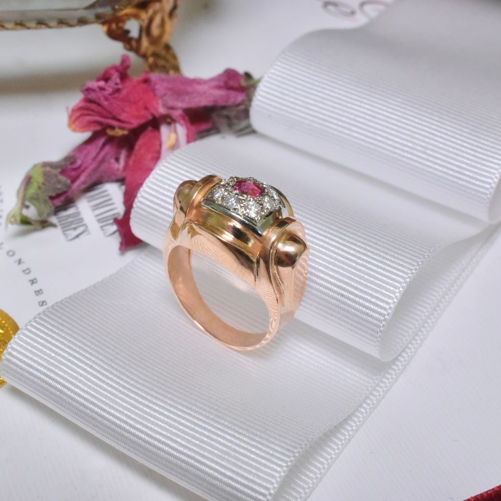 Vintage Retro French 18ct Rose Gold Diamond And Ruby Tank Ring Circa 1940’s