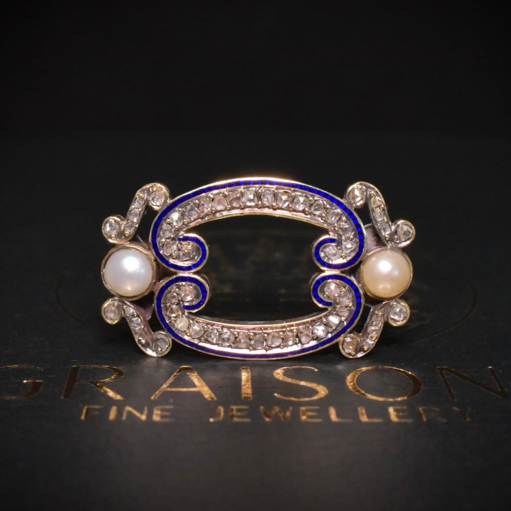 Antique Victorian ,Diamond Blue Enamel, Pearl Brooch Circa 1870-1890