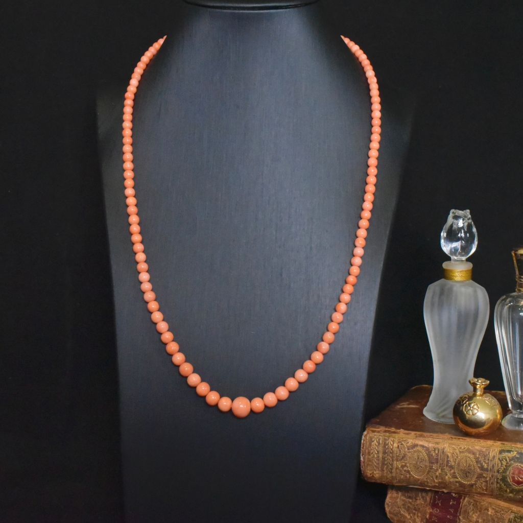 Antique Edwardian Era Graduated Salmon Coral Bead Necklace - 57cm