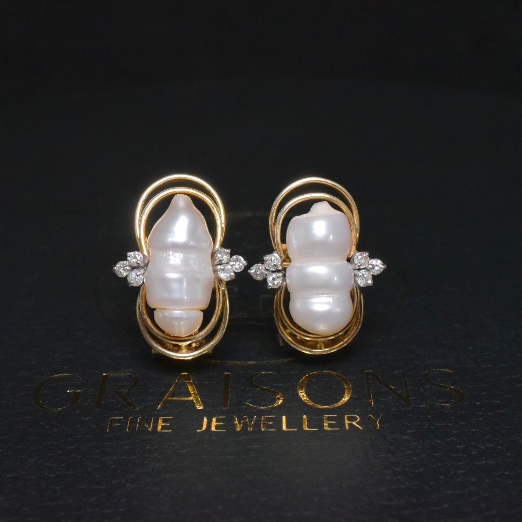 Estate 10ct Yellow Gold Baroque Pearl And Diamond Earrings - 9.2 Grams