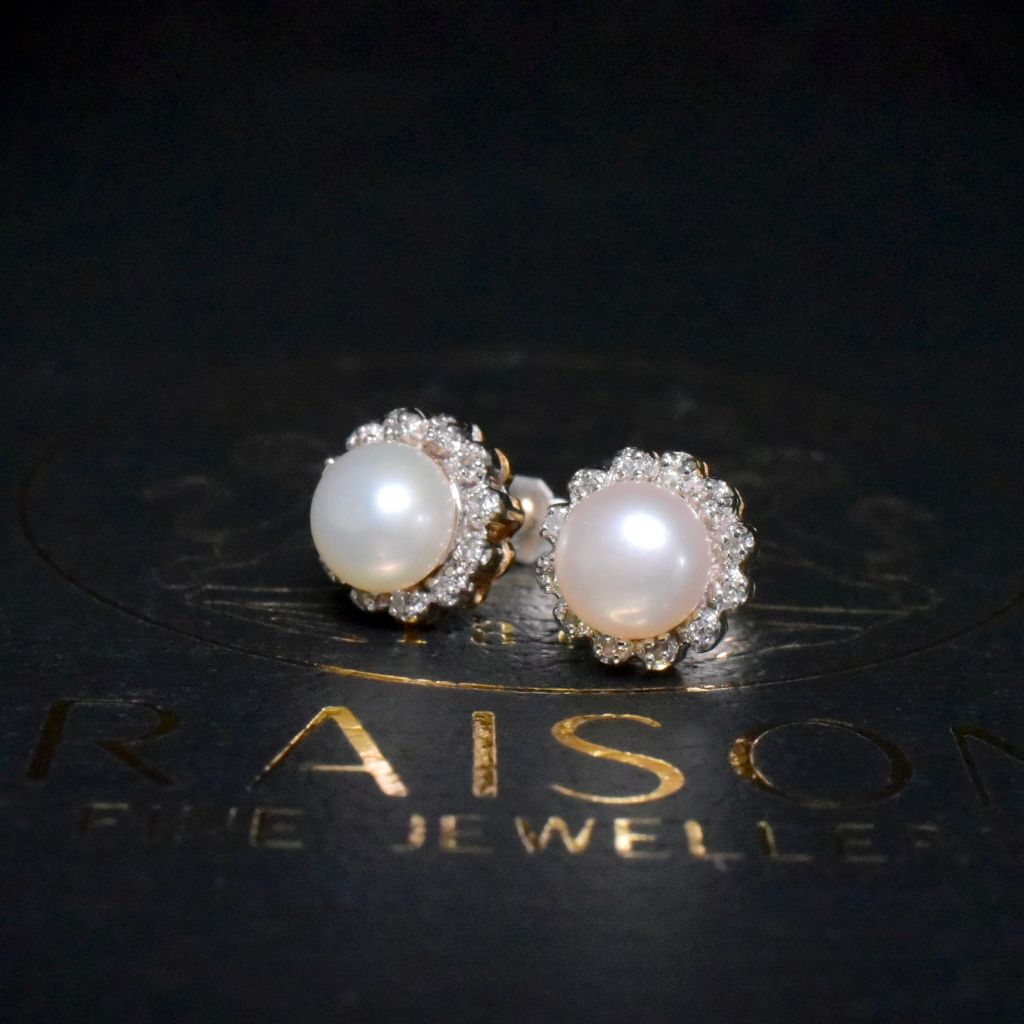 Modern 9ct Yellow Gold Pearl And Diamond Halo Custer Earrings