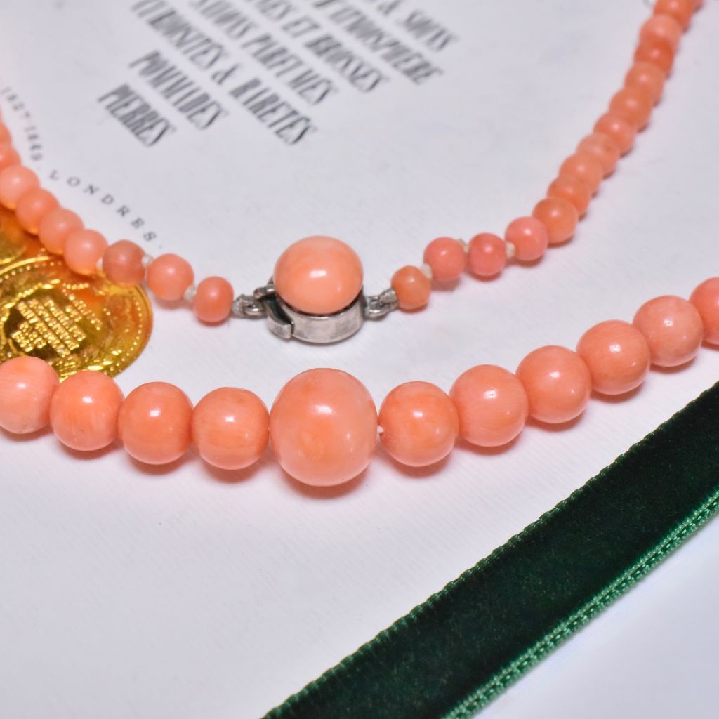 Antique Edwardian Era Graduated Salmon Coral Bead Necklace - 57cm