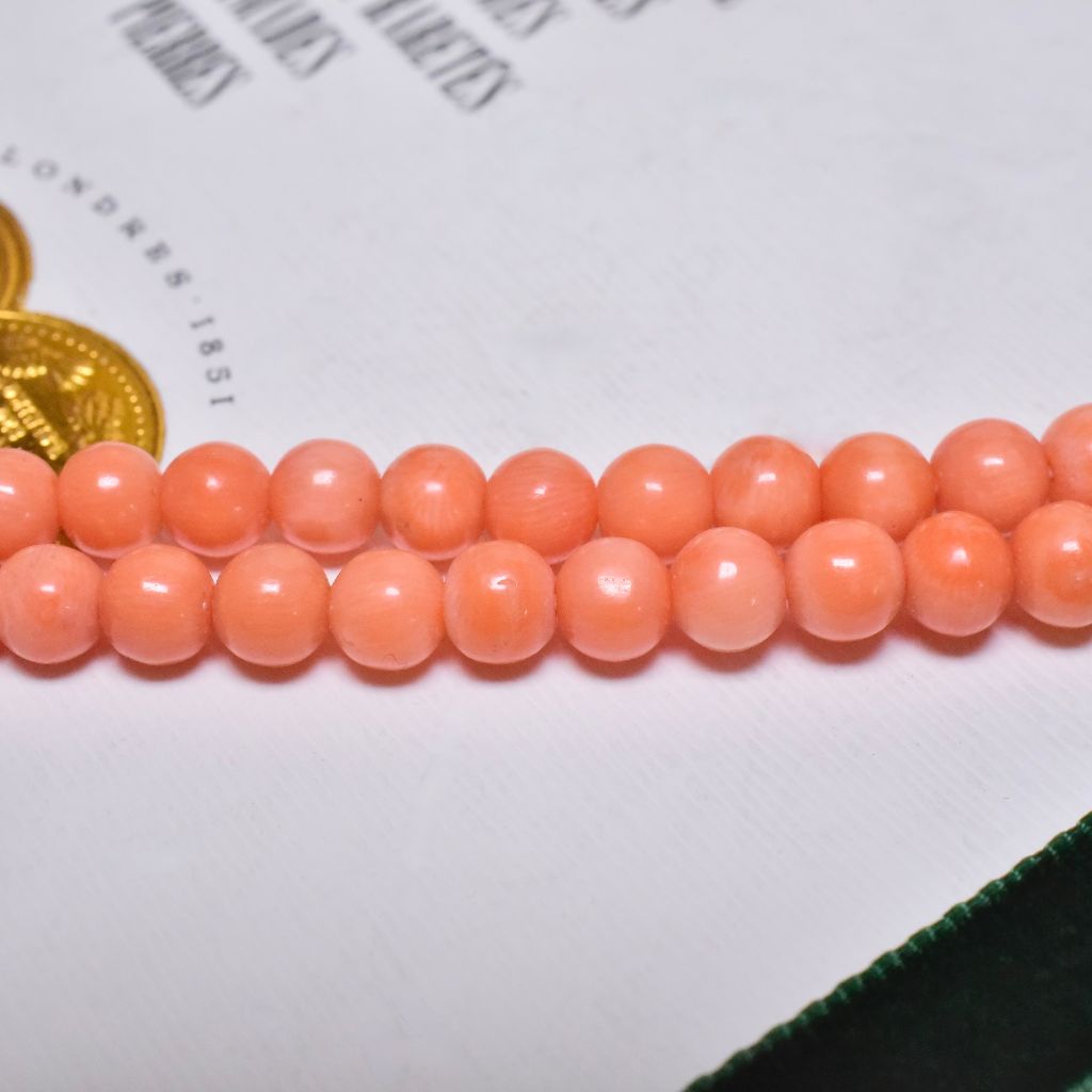 Antique Edwardian Era Graduated Salmon Coral Bead Necklace - 57cm