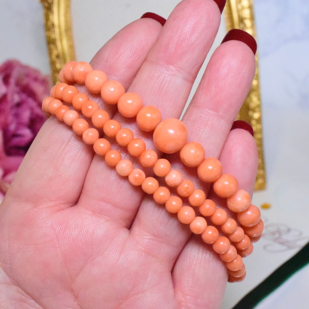 Antique Edwardian Era Graduated Salmon Coral Bead Necklace - 57cm