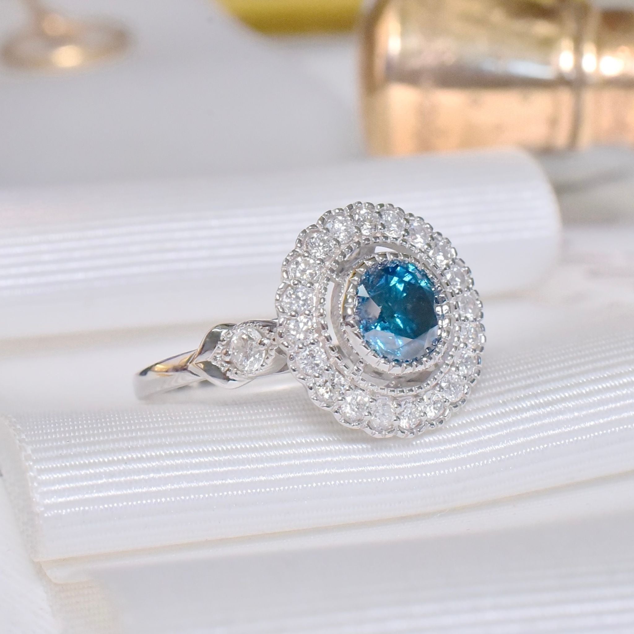 Exquisite 18ct White Gold ‘0.95ct Blue Diamond’ And White Diamond (0.48ct) Halo Ring -  Included In Purchase Valuation For $18,600 AUD