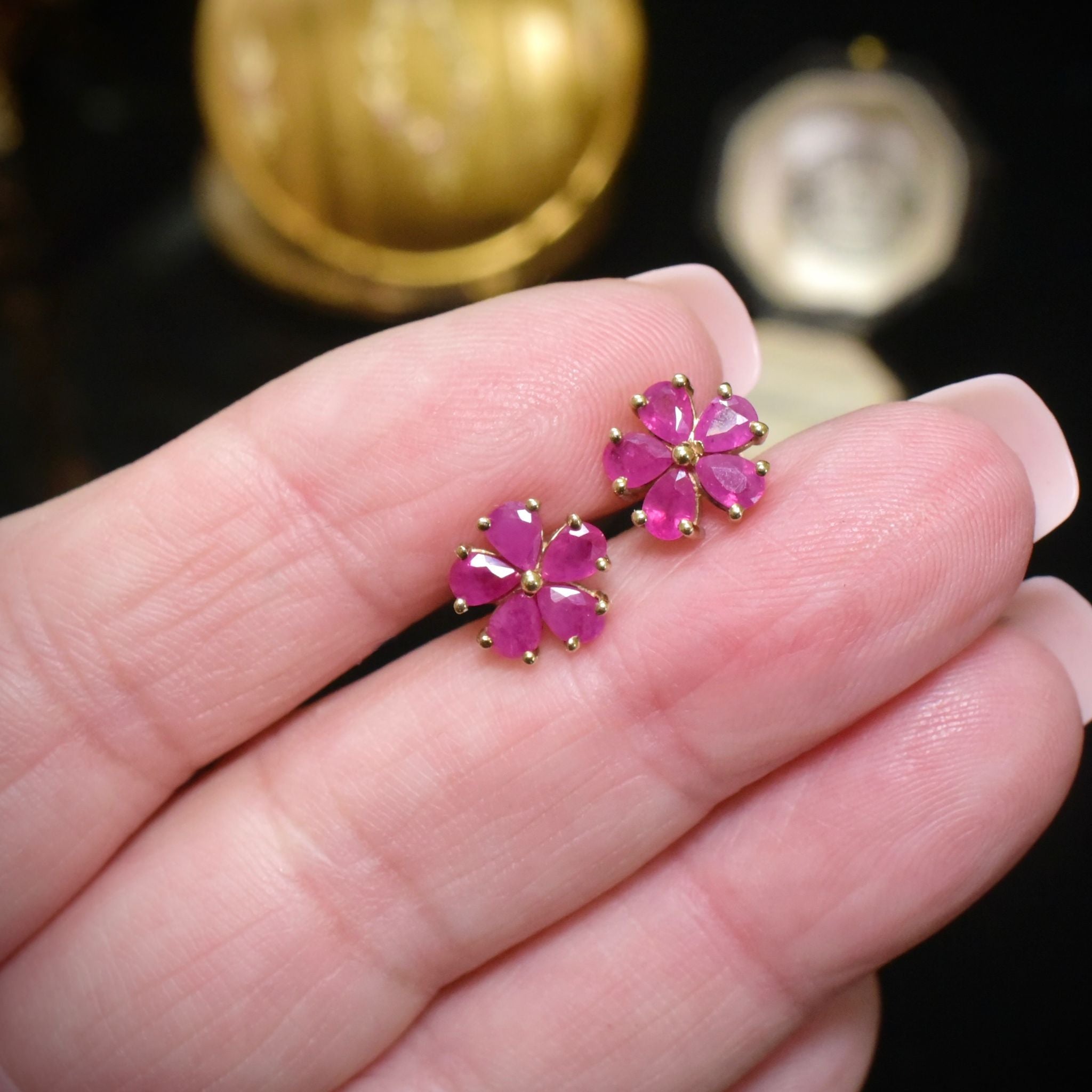 Contemporary 9ct Yellow Gold Ruby ‘Daisy Cluster’ Earrings