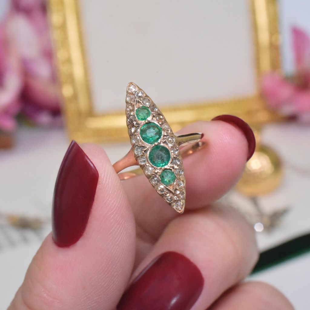 Stunning Antique Victorian 9ct Rose Gold Emerald And Rose-Cut Diamond Ring Circa 1897