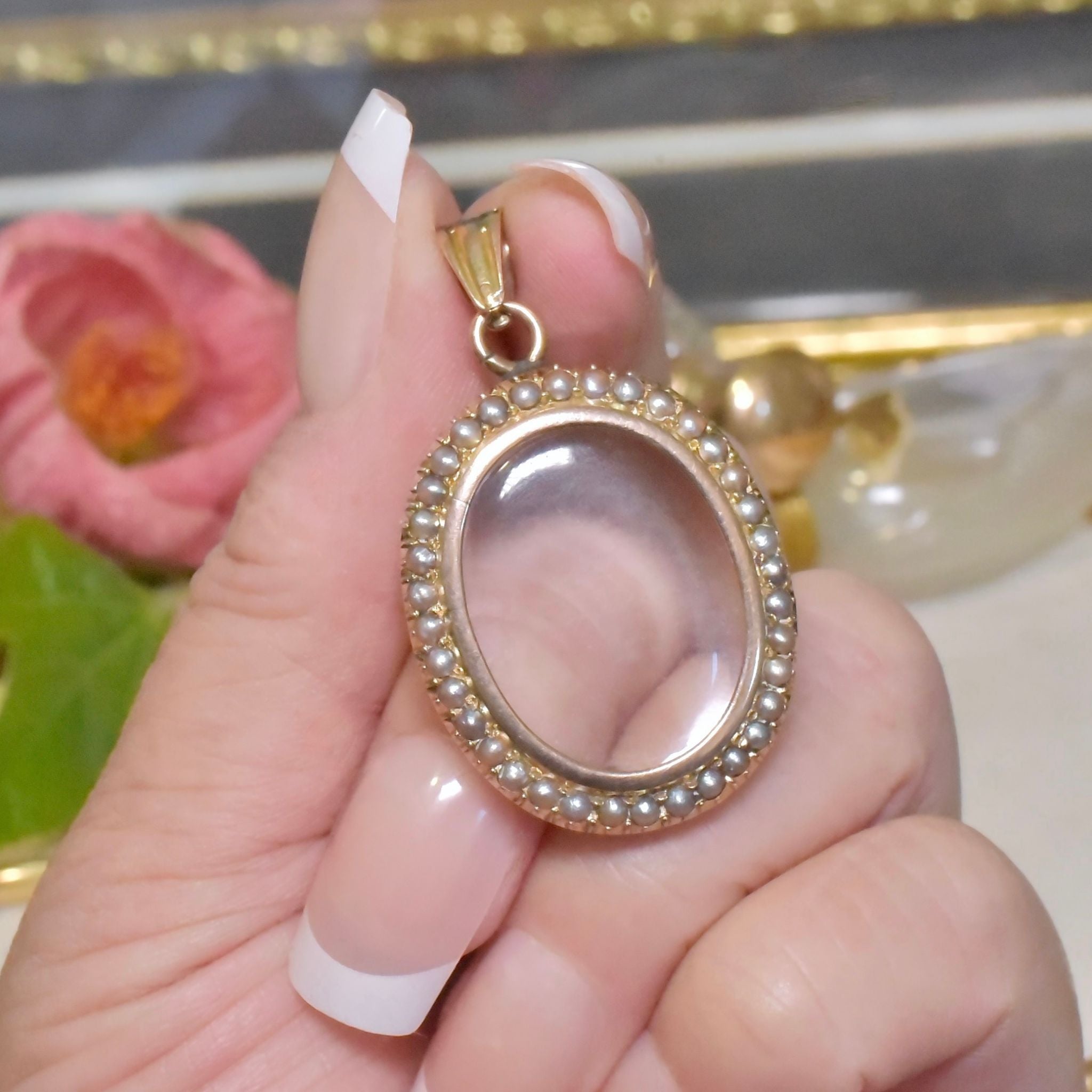 Antique Edwardian 9ct Rose Gold Double Sided Seed Pearl Locket Circa 1905