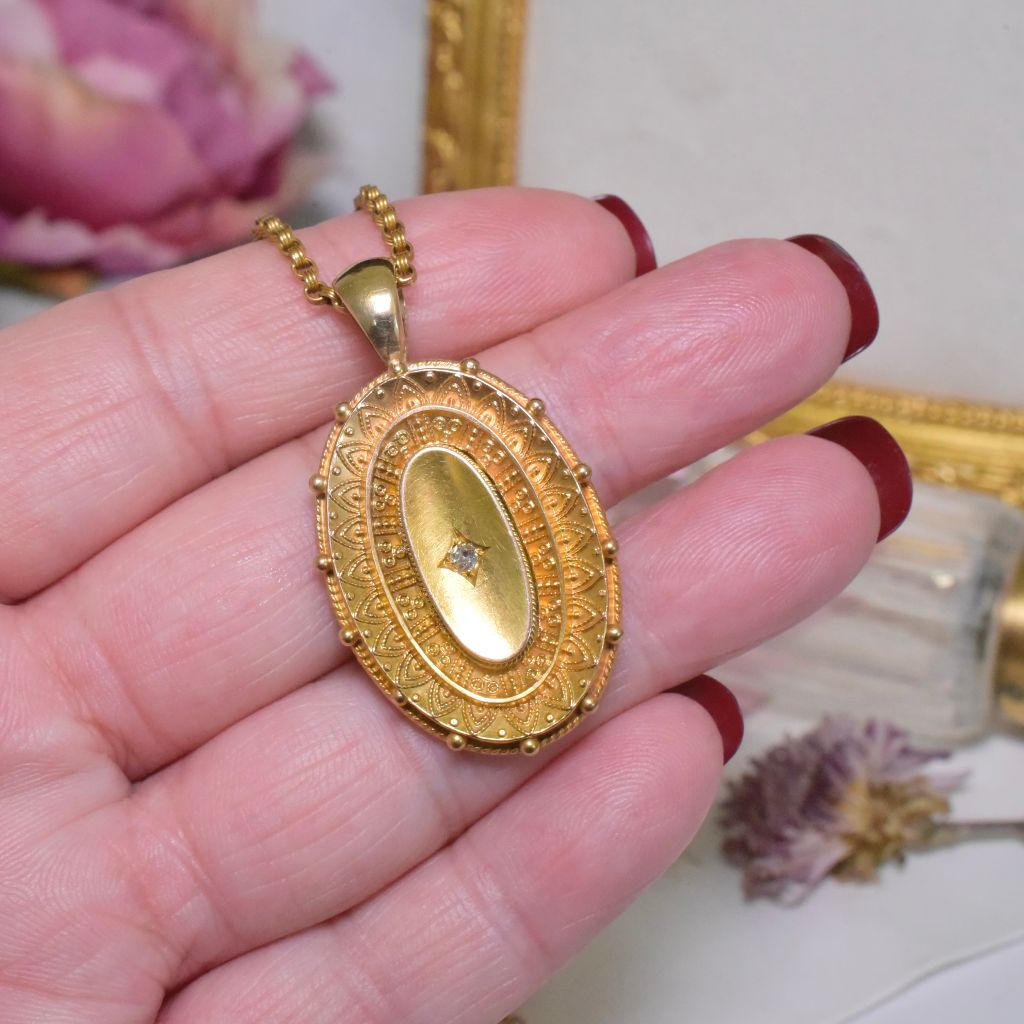 Antique Victorian 15ct Yellow Gold Etruscan Revival Diamond Locket - Chester 1887