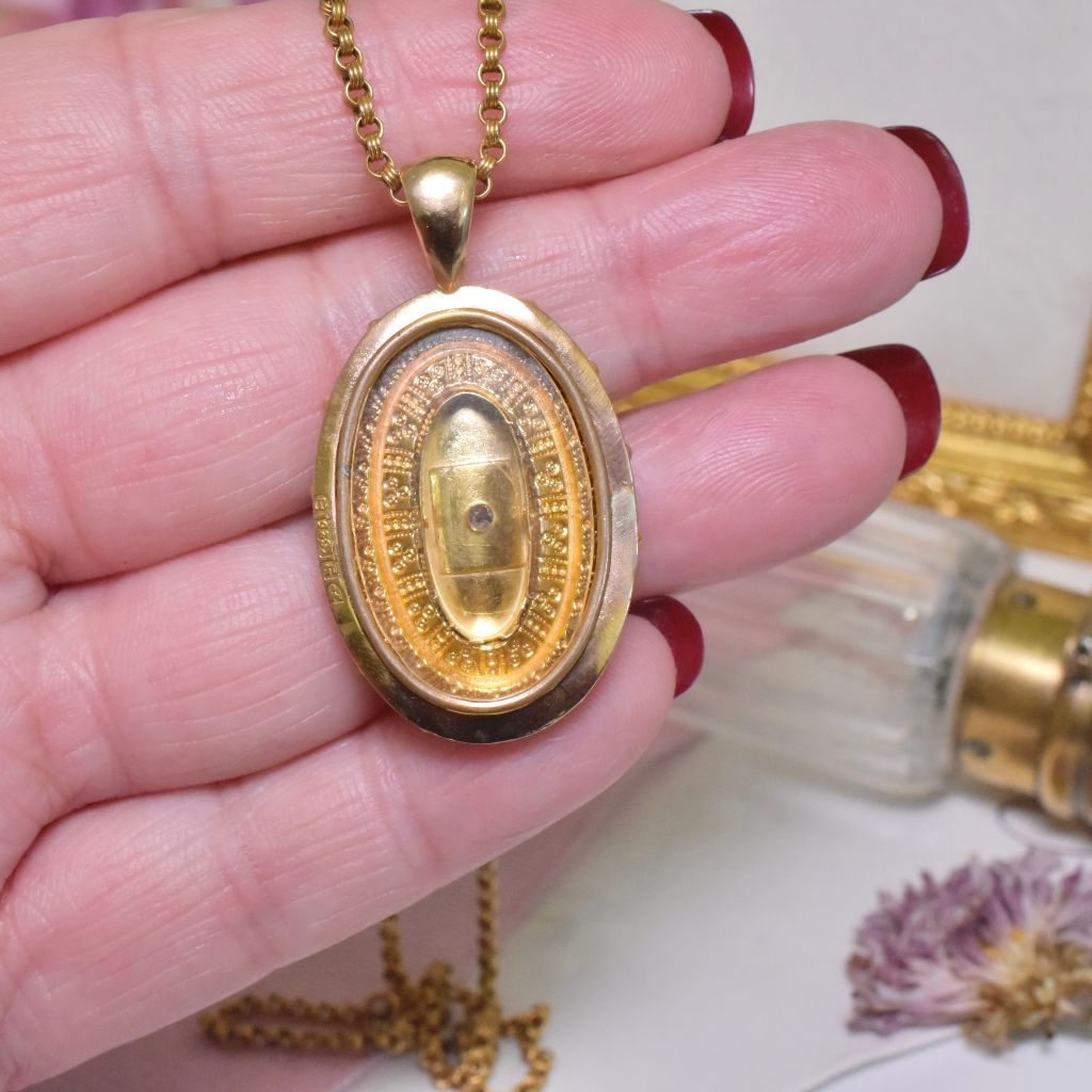 Antique Victorian 15ct Yellow Gold Etruscan Revival Diamond Locket - Chester 1887