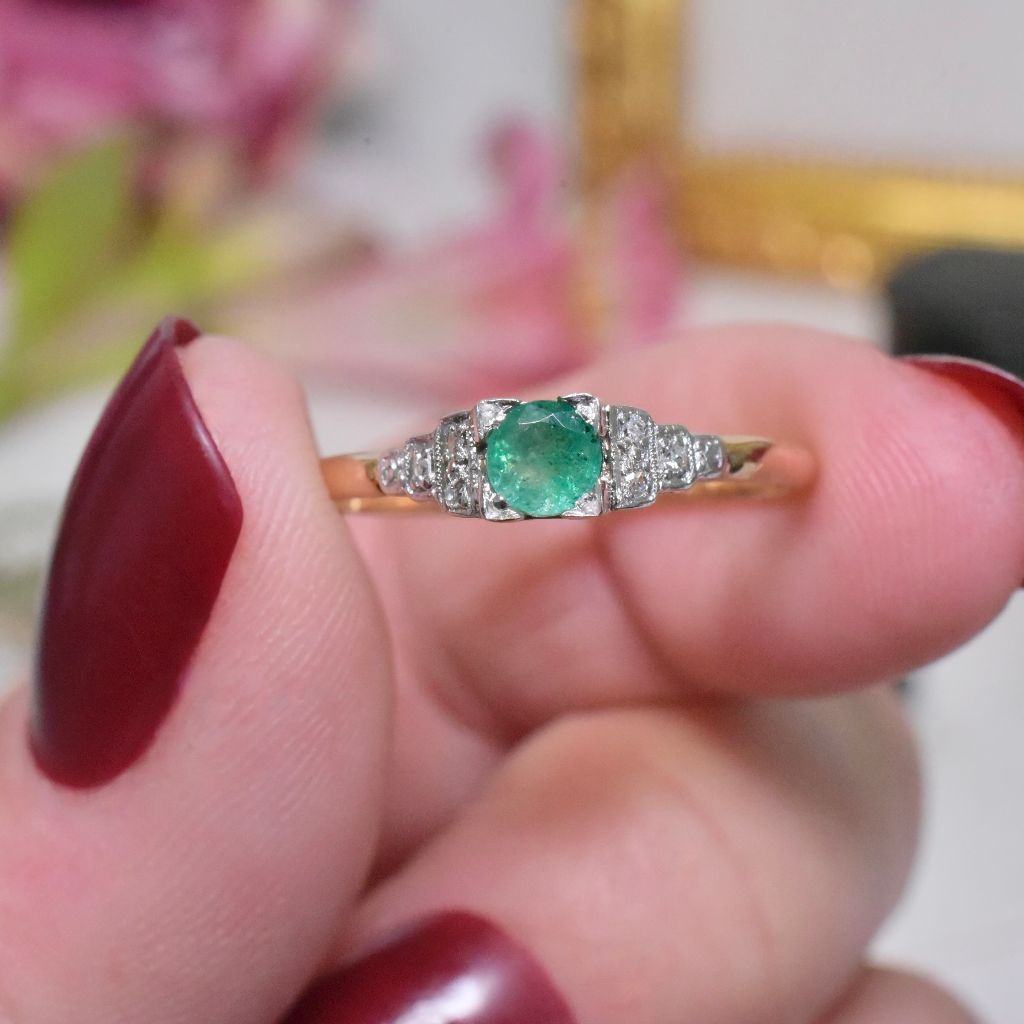 Antique/Vintage Art Deco Era 18ct Yellow Gold Emerald And Diamond Ring Circa 1920-30’s