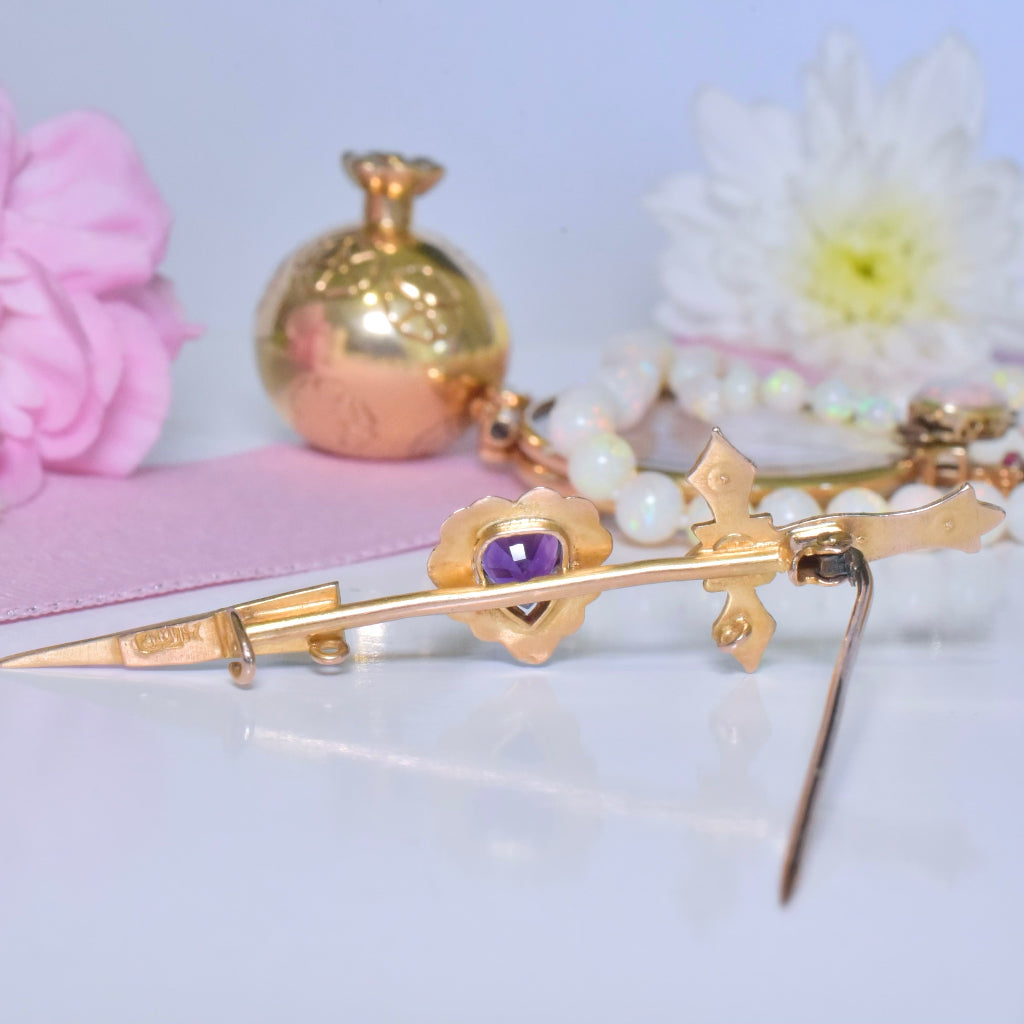 Antique Australian 9ct Rose Gold And Amethyst Heart Seed Pearl ‘Arrow’ Brooch Circa 1915