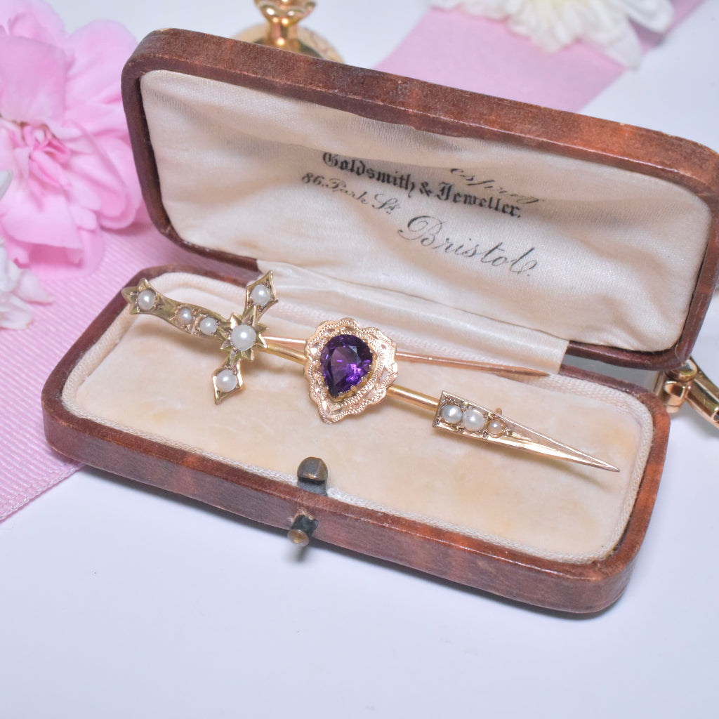 Antique Australian 9ct Rose Gold And Amethyst Heart Seed Pearl ‘Arrow’ Brooch Circa 1915