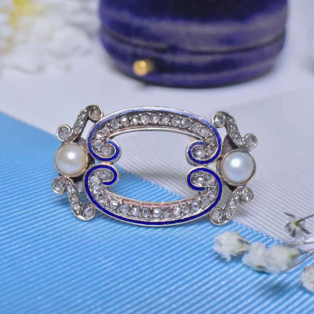 Antique Victorian ,Diamond Blue Enamel, Pearl Brooch Circa 1870-1890