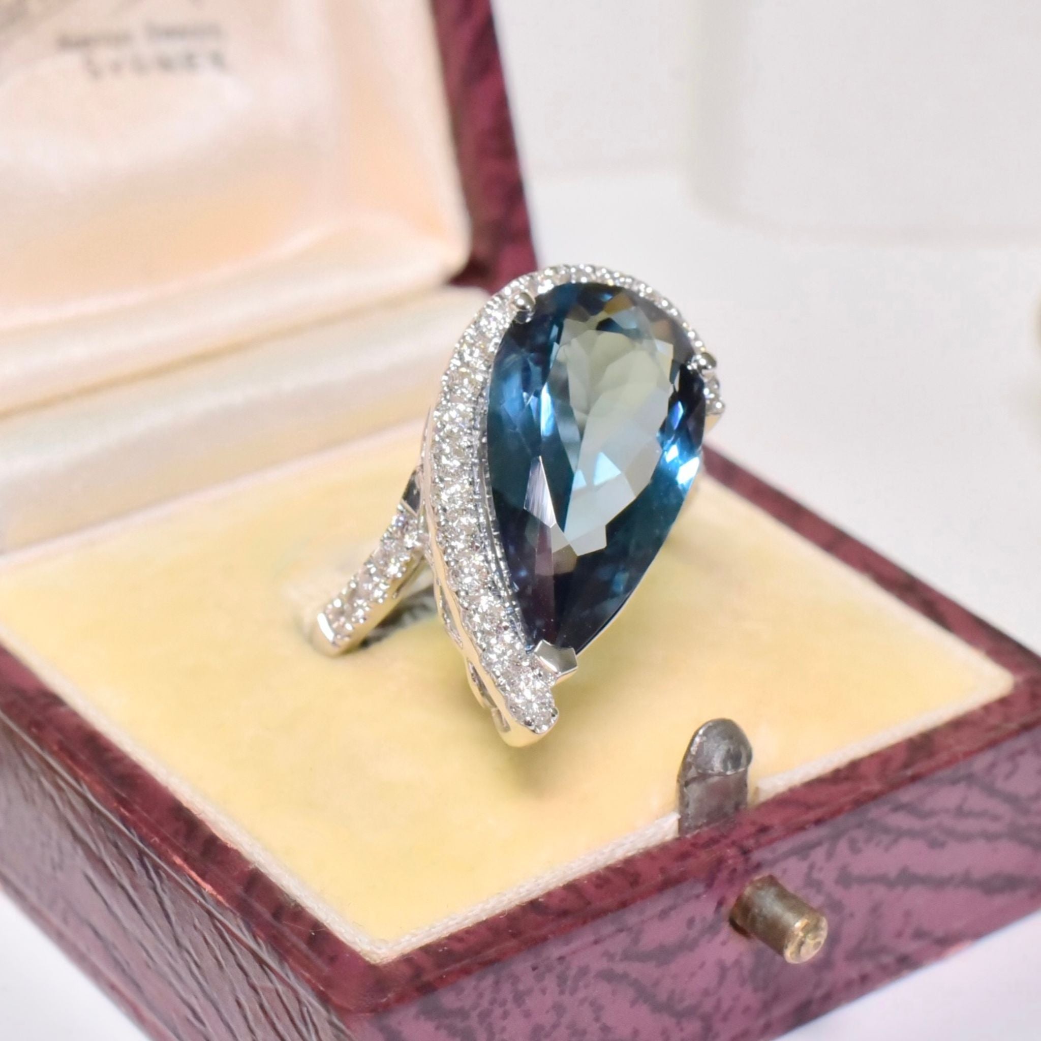 Superb 14ct White Gold Natural Blue Topaz (8.85ct) And Diamond (0.57ct) Ring