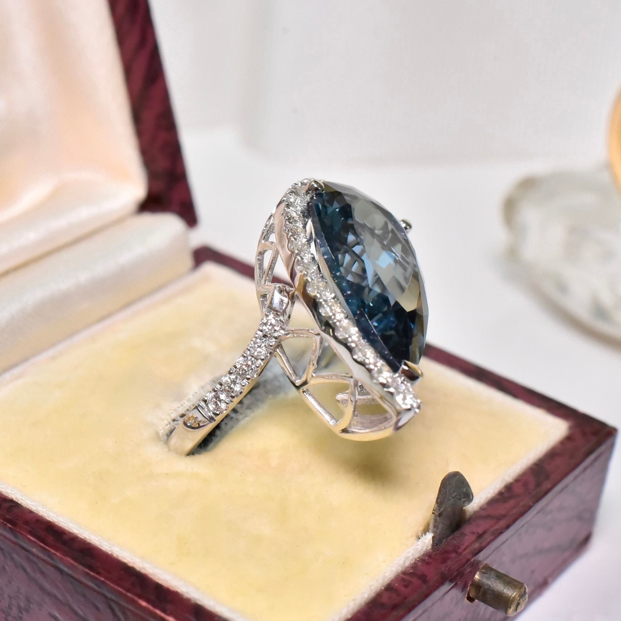 Superb 14ct White Gold Natural Blue Topaz (8.85ct) And Diamond (0.57ct) Ring
