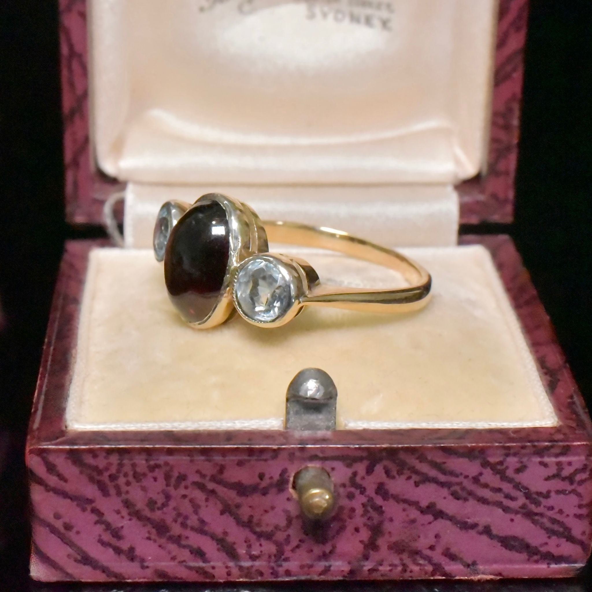 Vintage 9ct Yellow Gold Cabochon Garnet And Aquamarine Ring