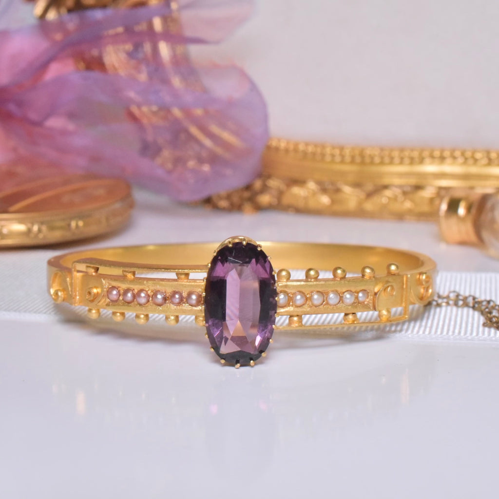 Antique Edwardian 15ct Yellow Gold Amethyst Glass And Pearl Bangle Circa 1900-1910