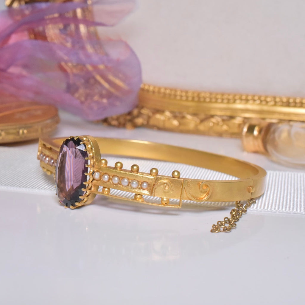 Antique Edwardian 15ct Yellow Gold Amethyst Glass And Pearl Bangle Circa 1900-1910