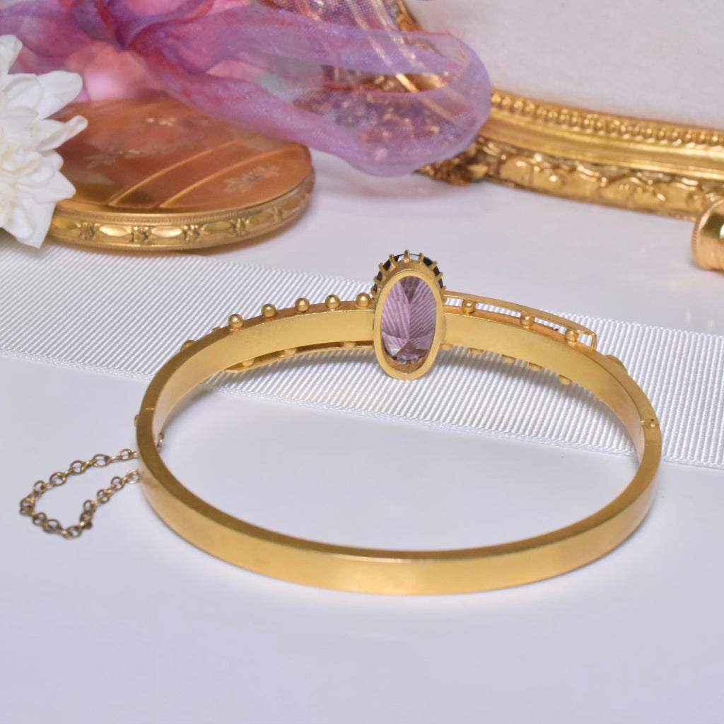 Antique Edwardian 15ct Yellow Gold Amethyst Glass And Pearl Bangle Circa 1900-1910