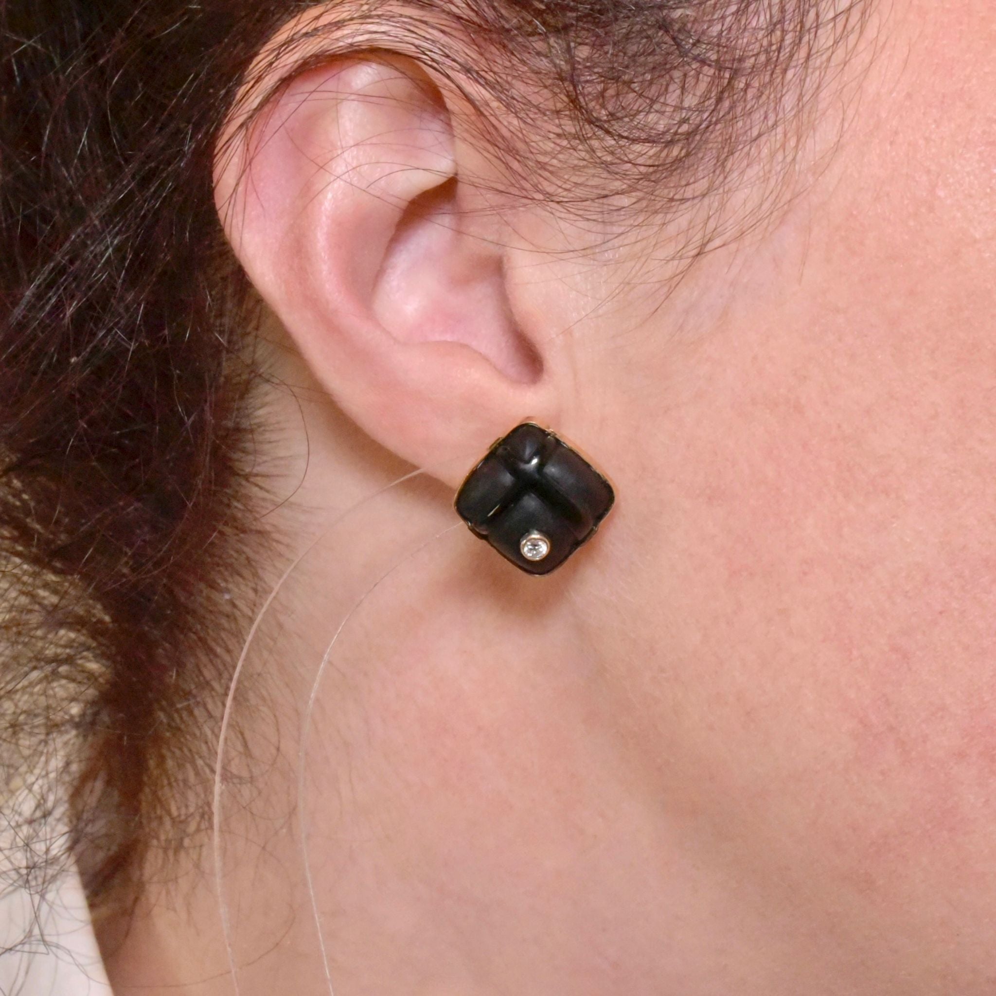 Contemporary 14ct Yellow Gold Onyx And Diamond Earrings