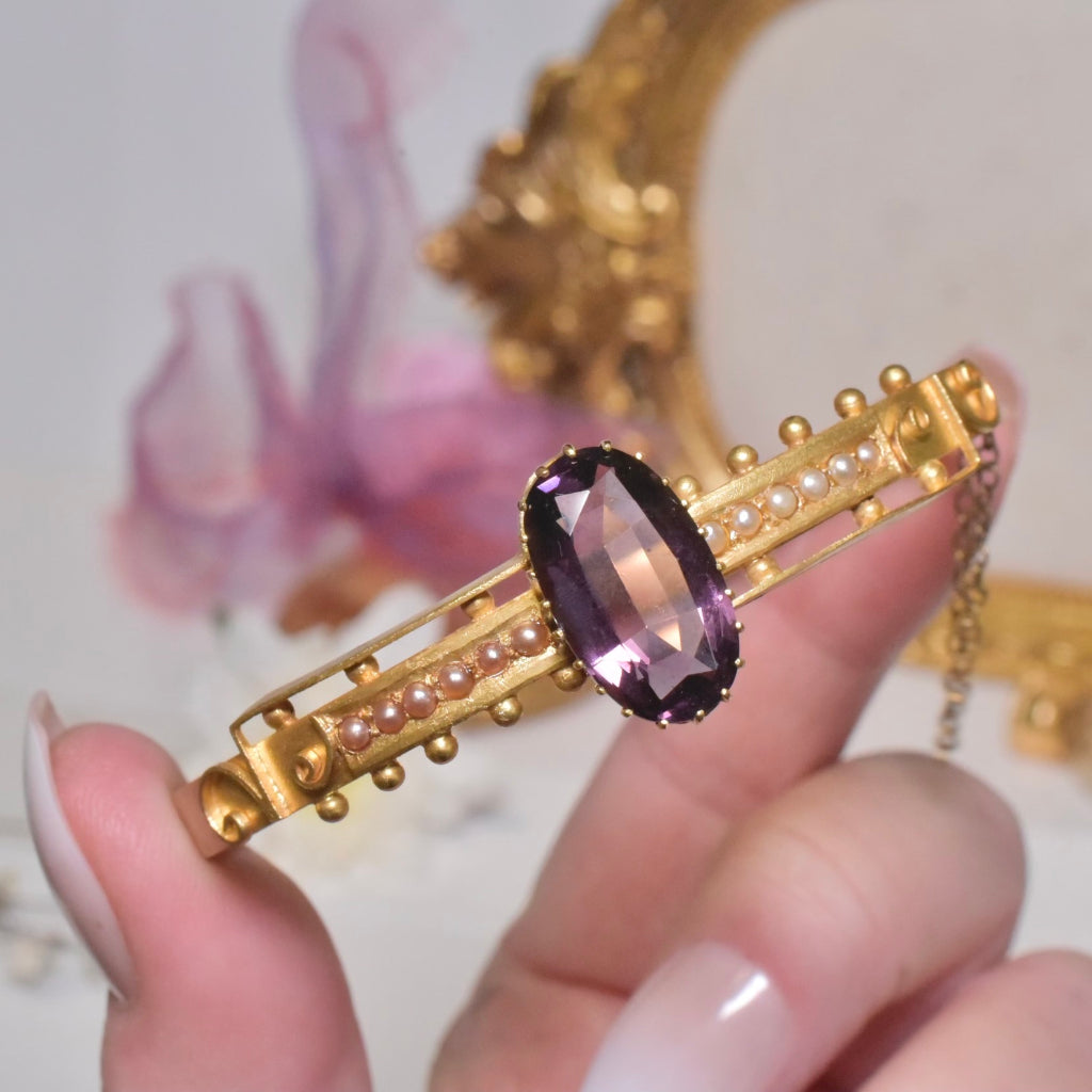 Antique Edwardian 15ct Yellow Gold Amethyst Glass And Pearl Bangle Circa 1900-1910