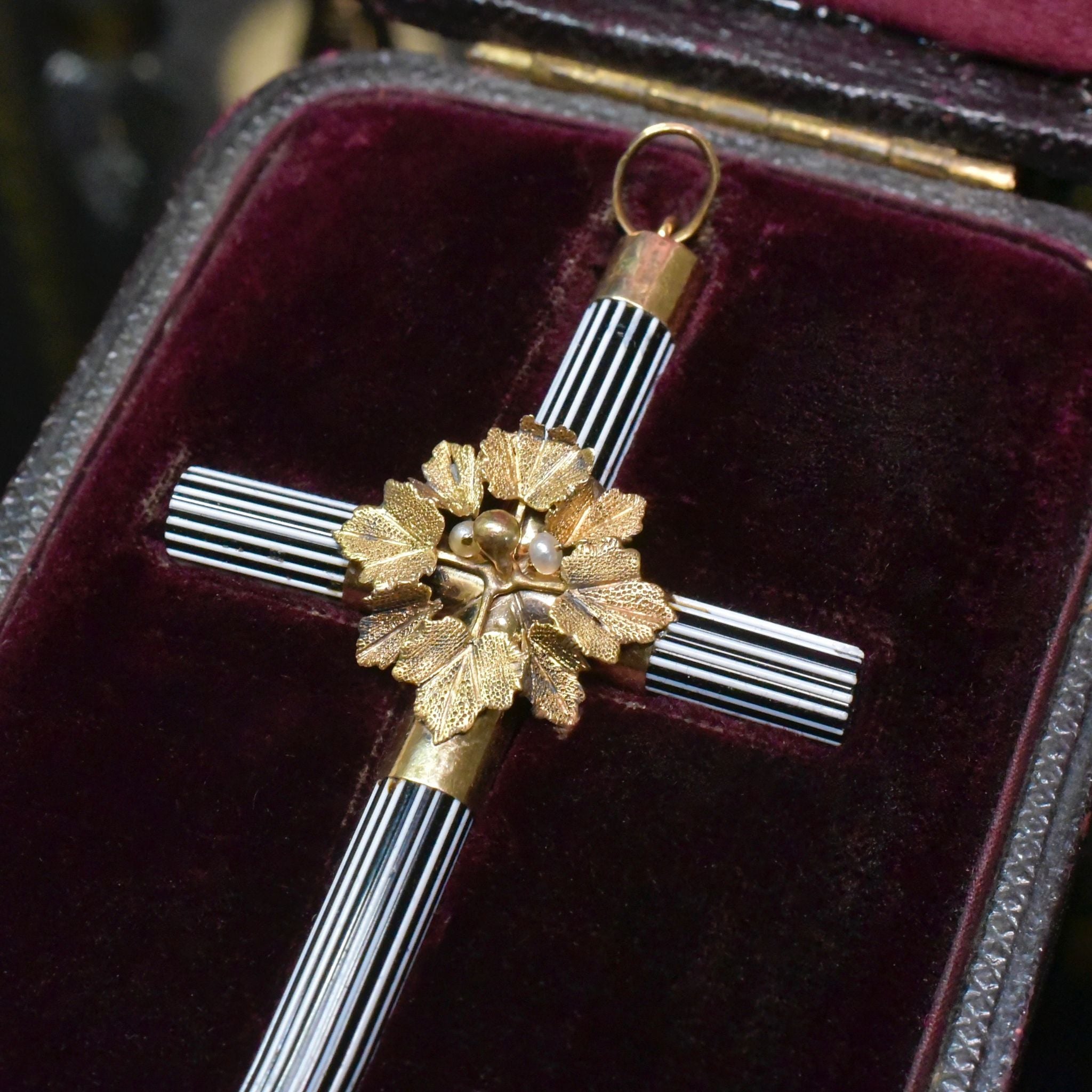 Antique Mid-Late Victorian Italian Cane Rod Cross With Original Fitted Case