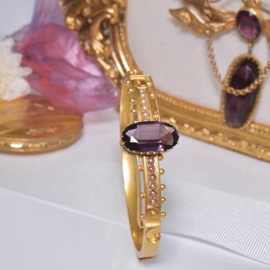 Antique Edwardian 15ct Yellow Gold Amethyst Glass And Pearl Bangle Circa 1900-1910