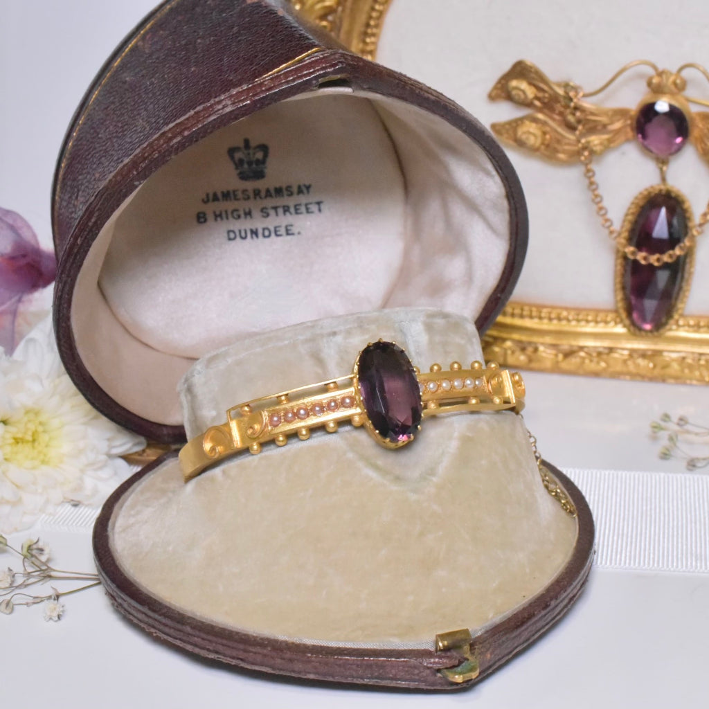 Antique Edwardian 15ct Yellow Gold Amethyst Glass And Pearl Bangle Circa 1900-1910