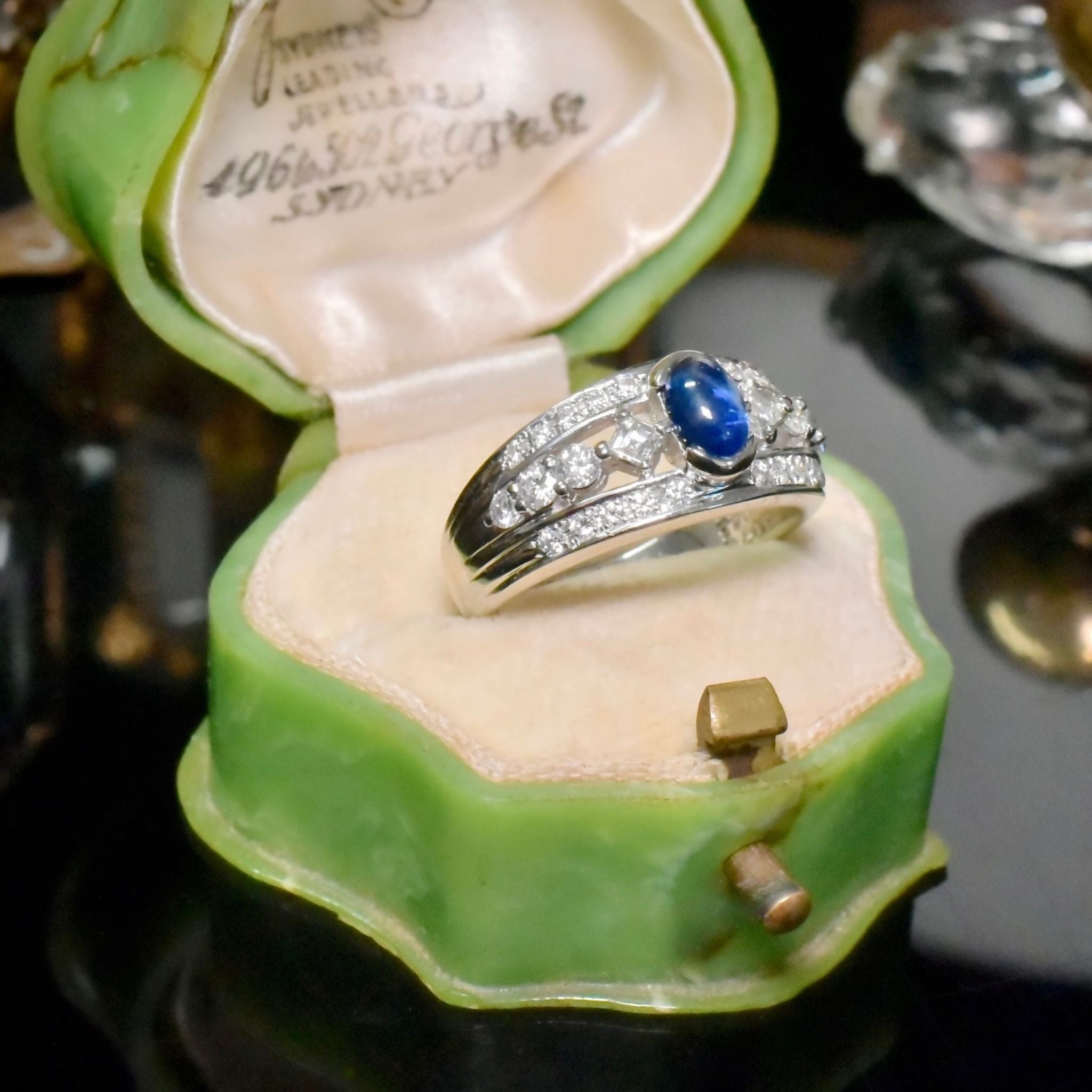 Stunning Solid Platinum Cabochon Sapphire And Asscher-Cut / Brilliant-Cut Diamond Ring