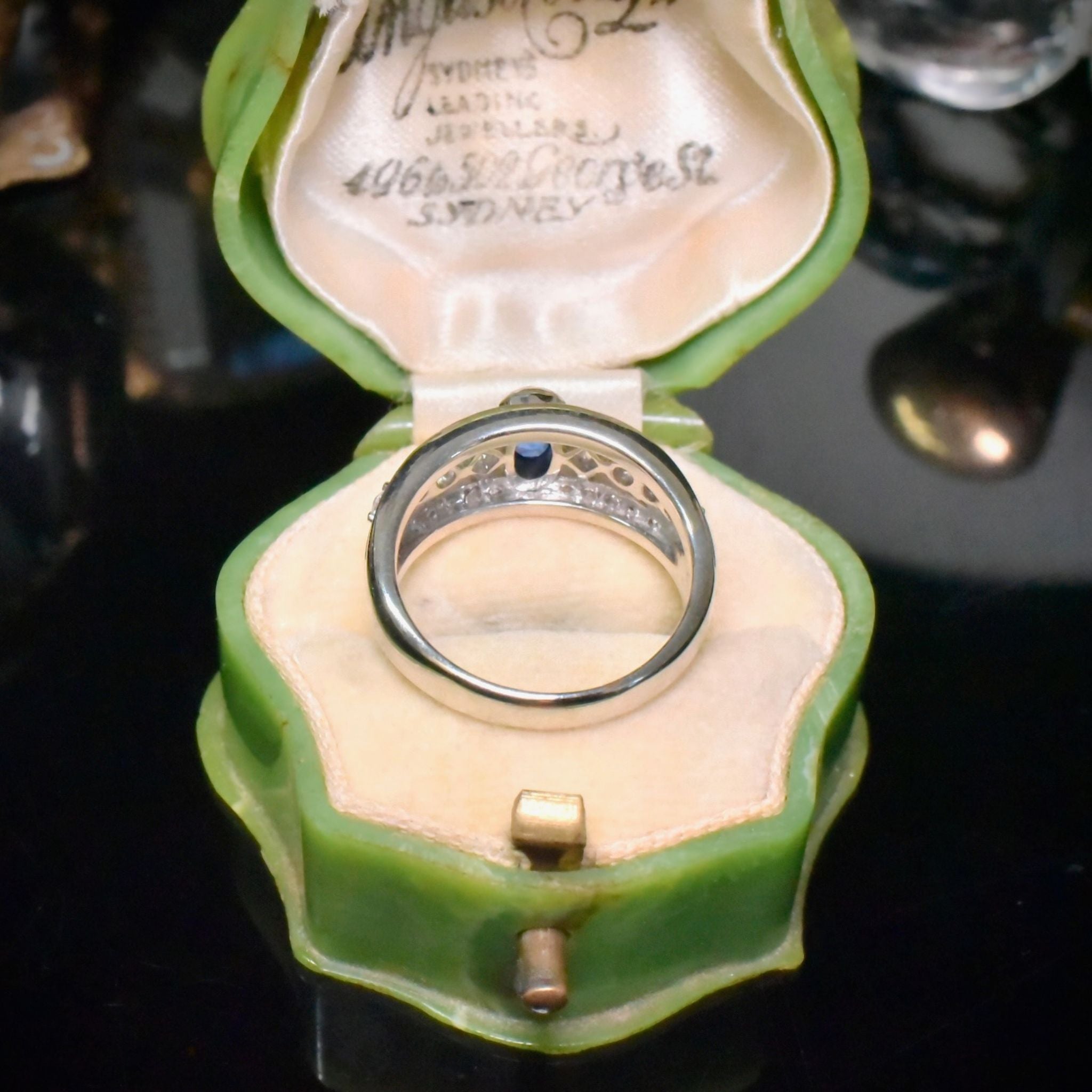 Stunning Solid Platinum Cabochon Sapphire And Asscher-Cut / Brilliant-Cut Diamond Ring