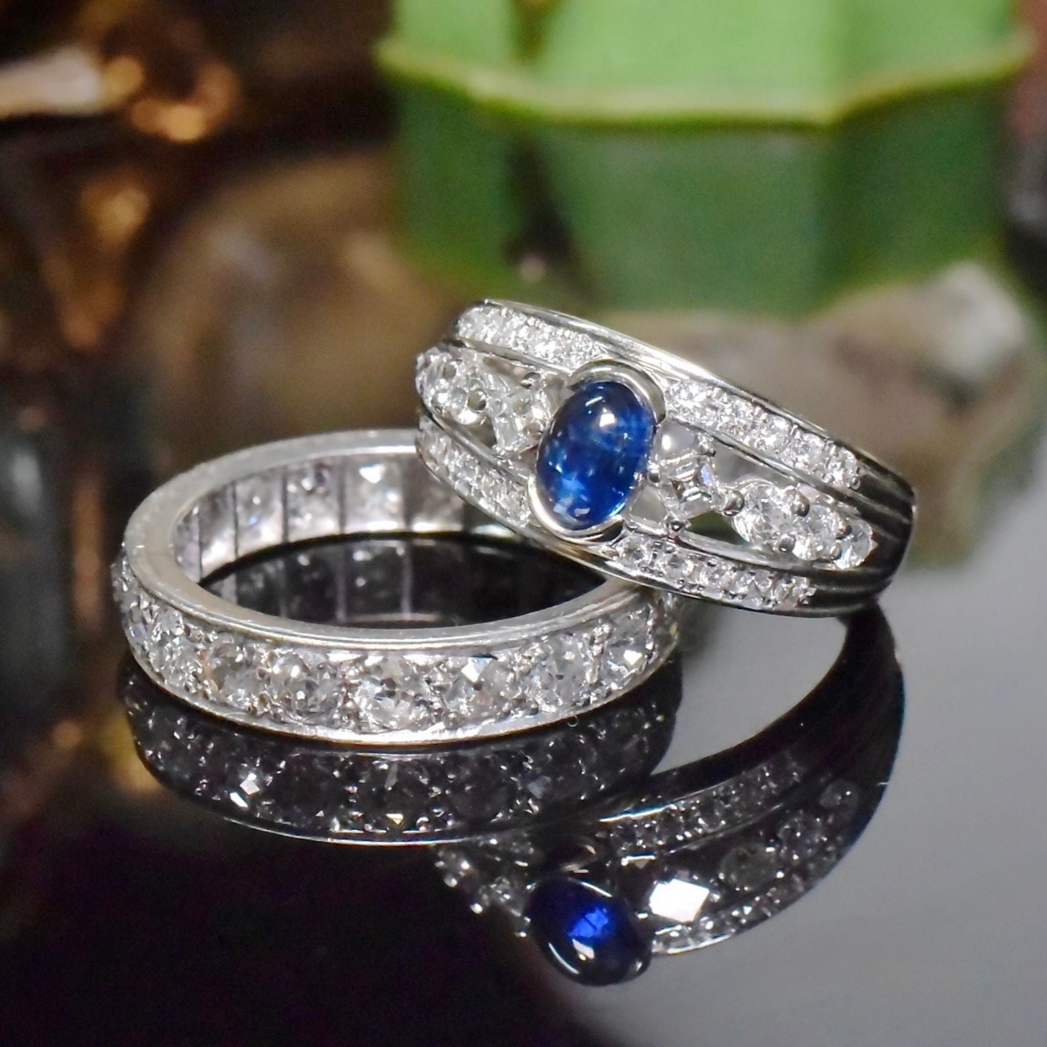 Stunning Solid Platinum Cabochon Sapphire And Asscher-Cut / Brilliant-Cut Diamond Ring