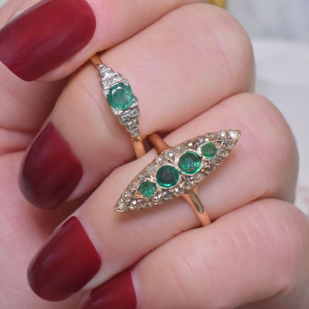 Stunning Antique Victorian 9ct Rose Gold Emerald And Rose-Cut Diamond Ring Circa 1897